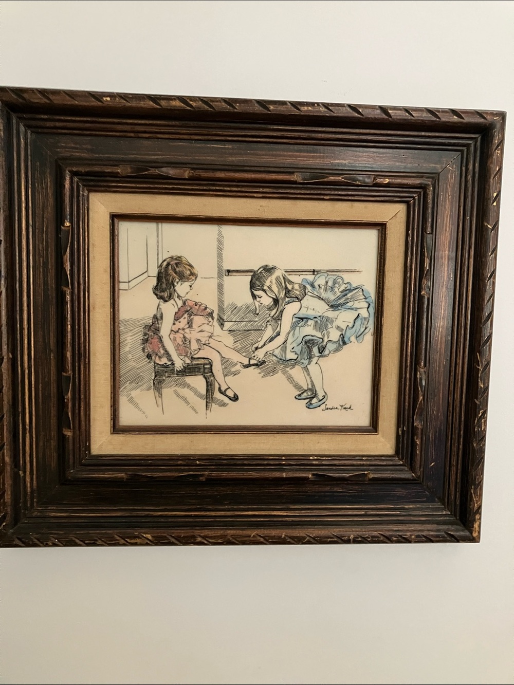Vintage  Signed Sandra. Kuck Hand Colored Etching On Resin “Ballerina Sisters”